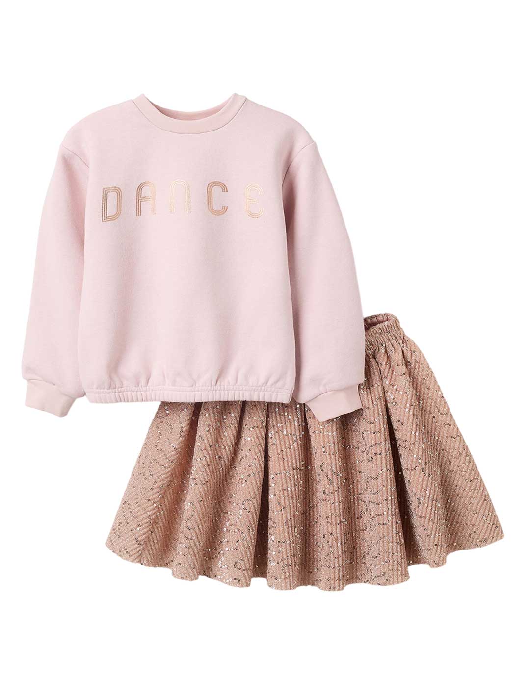 Παιδικό σετ για κορίτσι φούτερ και φούστα, ροζ-χρυσό, Slim Fit, 54% βαμβάκι-46% πολυεστέρας, 100% ππολυεστέρας.