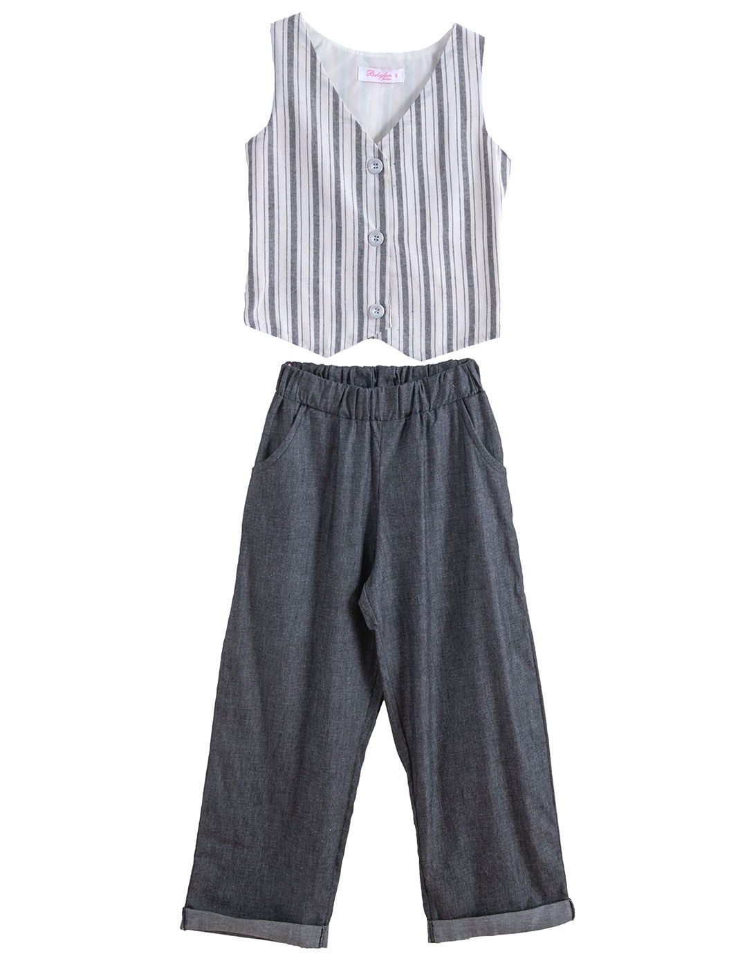 Παιδικό σετ για κορίτσι με ριγέ γιλέκο και φαρδύ παντελόνι, λευκό -γκρι,75%cotton20%pl5%lx.Regular Fit.