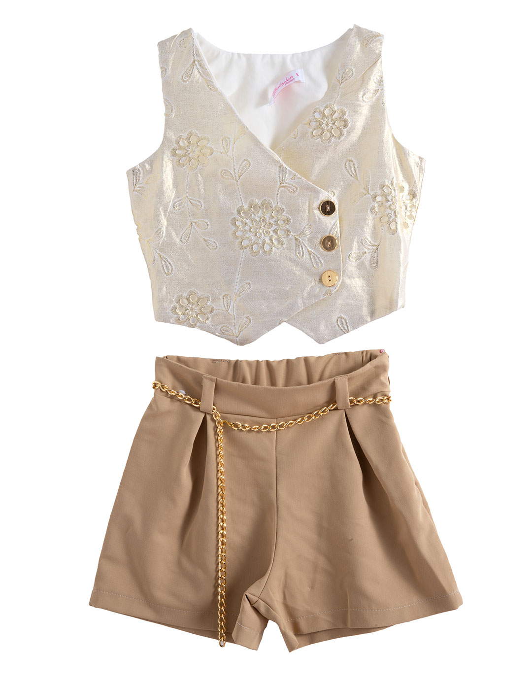 Παιδικό σετ κοριτσιού με σατέν κεντημένο γιλέκο & βερμούδα με αλυσίδα, χρυσό-καφέ,Regular Fit.