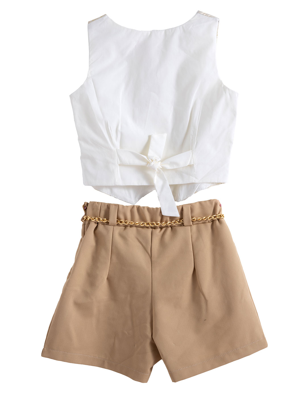 Παιδικό σετ κοριτσιού με σατέν κεντημένο γιλέκο & βερμούδα με αλυσίδα, χρυσό-καφέ,Regular Fit. Παιδικό σετ κοριτσιού με σατέν κεντημένο γιλέκο & βερμούδα με αλυσίδα, χρυσό-καφέ,Regular Fit.