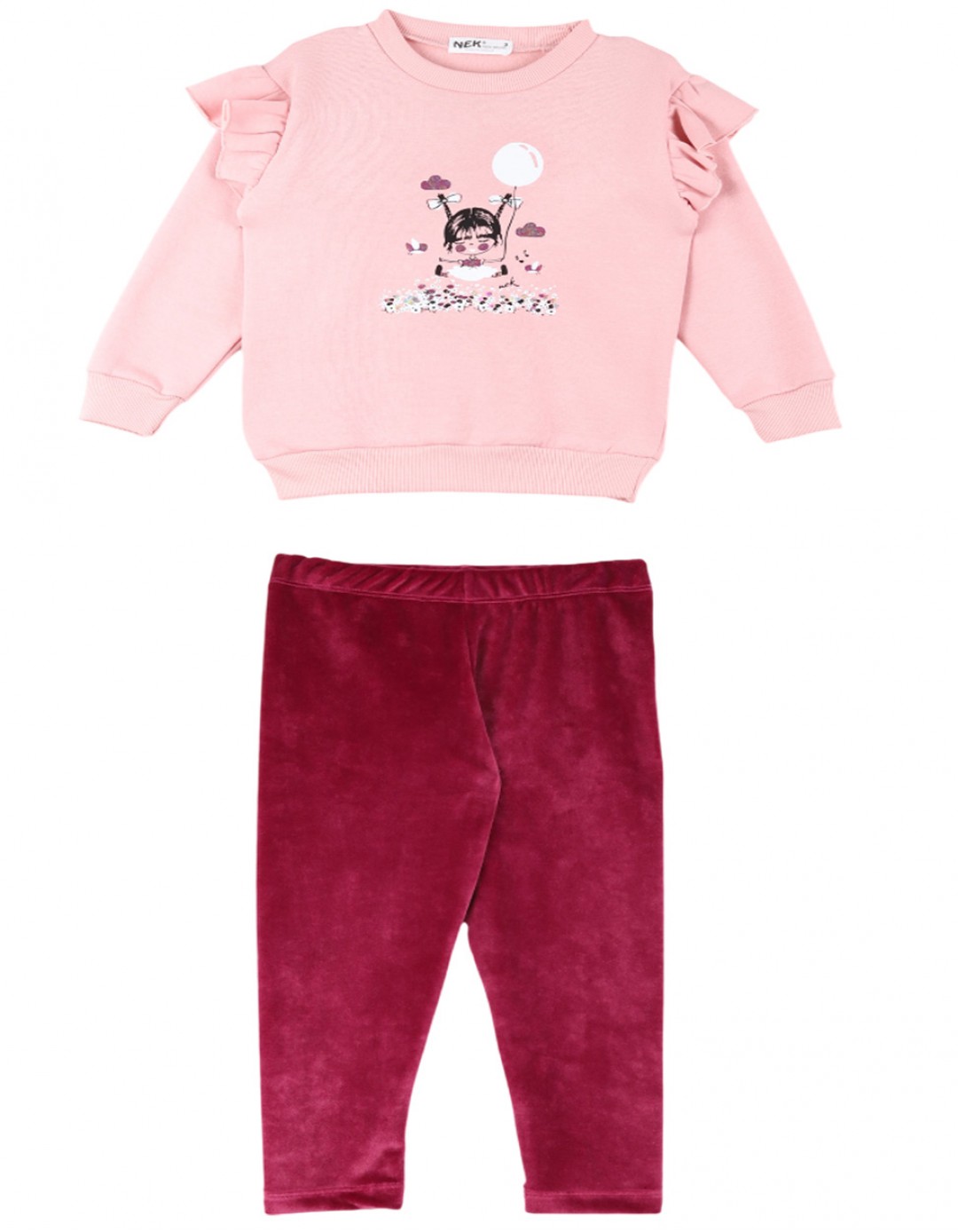 Παιδικό βελουτέ σετ για κορίτσι, ροζ-μωβ, Regular Fit, 80% βαμβάκι-20% πολυεστέρας.