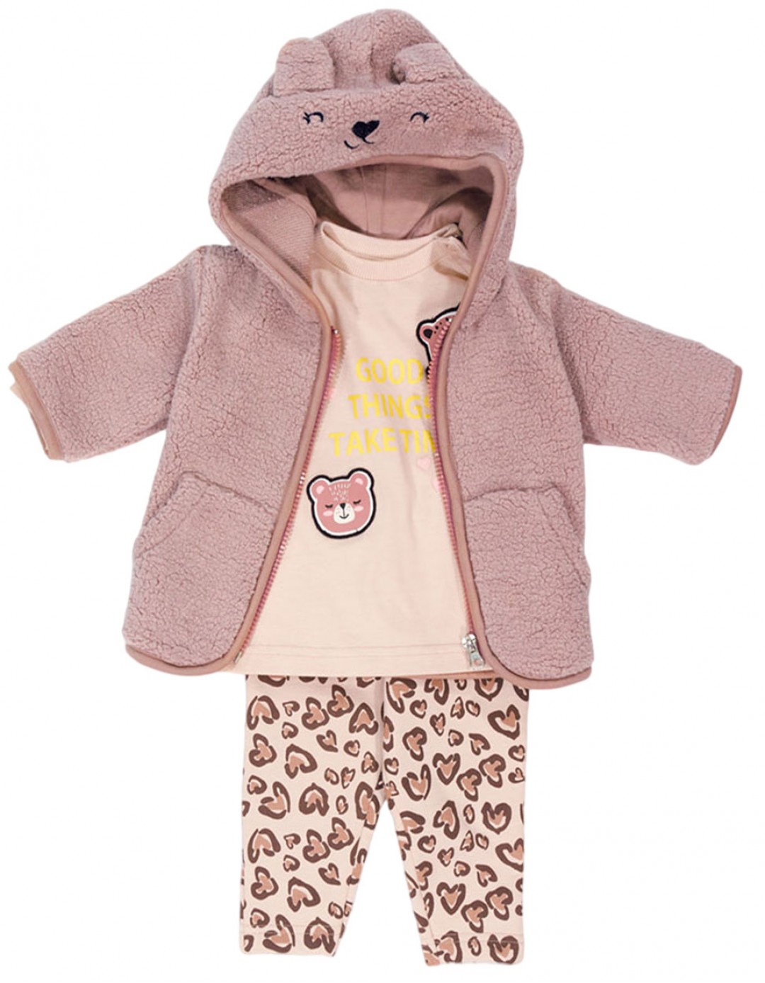 Βρεφικό σετ κολάν 3τχ για κορίτσι, μπεζ-ροζ, Regular Fit, 100% βαμβάκι,58% βαμβάκι-37% πολυεστέρας-5% ελαστινη,100% πολυεστέρας.