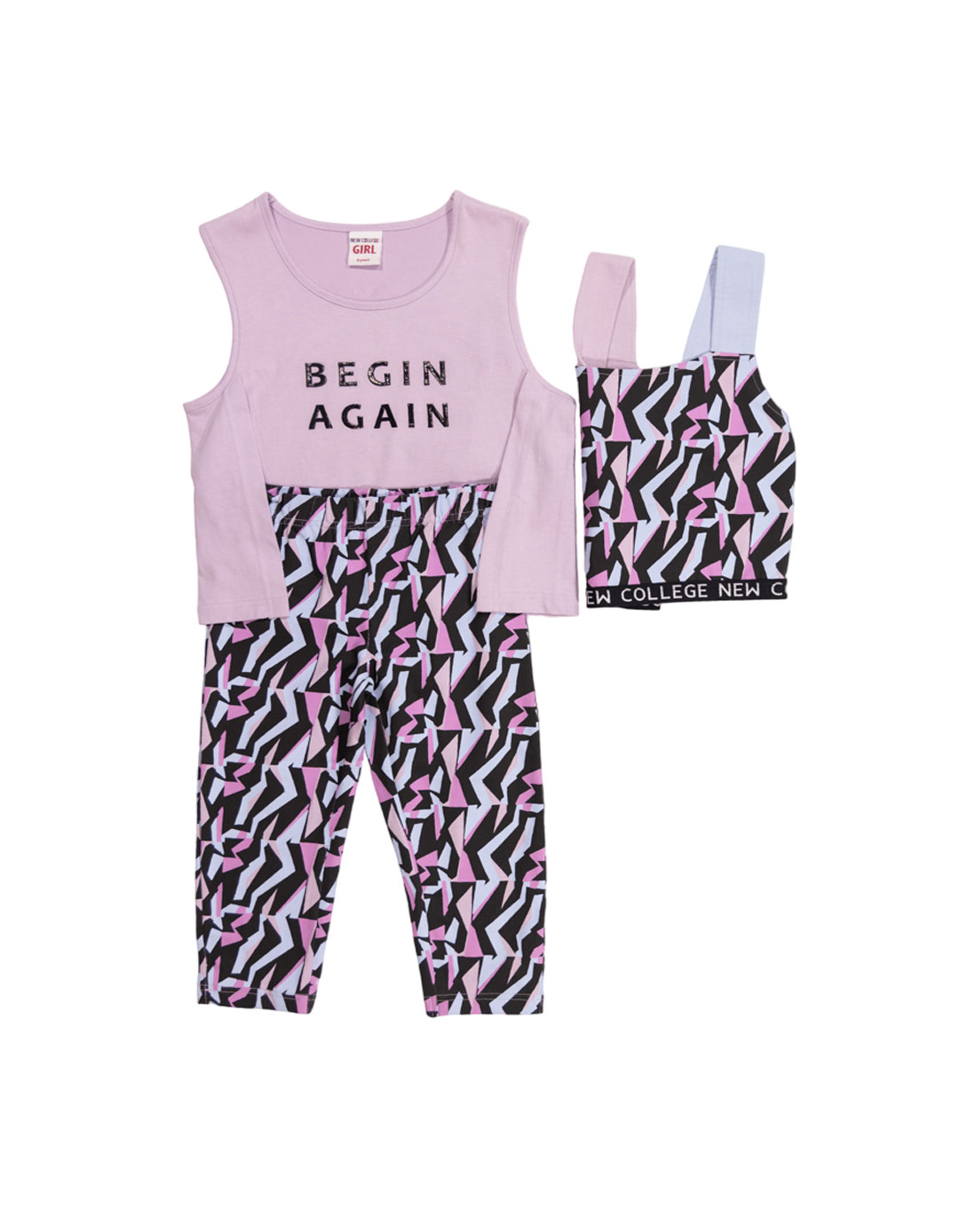 Παιδικό σετ 3τμχ για κορίτσι με 2 μπλουζάκια και κολάν, λιλά, Regular Fit, 100% βαμβάκι-95% βαμβάκι,5% ελαστίνη.