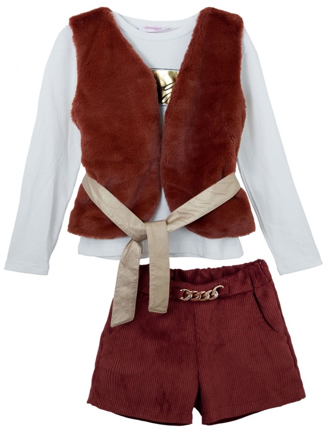 Παιδικό σετ για κορίτσι με γιλέκο και σόρτς, καφέ-κεραμιδί, Regular Fit, 48% Vis-38% Pl-10% Ny-4% E.