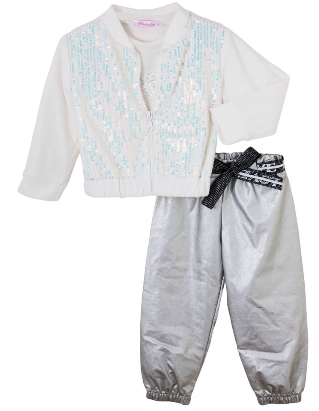 Σετ κοριτσιού Babylon Fashion εκρού-ασημί Σετ κοριτσιού Babylon Fashion εκρού-ασημί με ζακέτα παγιέτα και παντελόνι