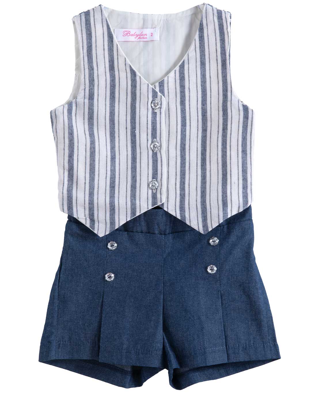  Σετ για Κορίτσι με Ριγέ Γιλέκο και Σορτσάκι .Λευκό-Μπλε.Regular Fit.65%POL35%COTT.