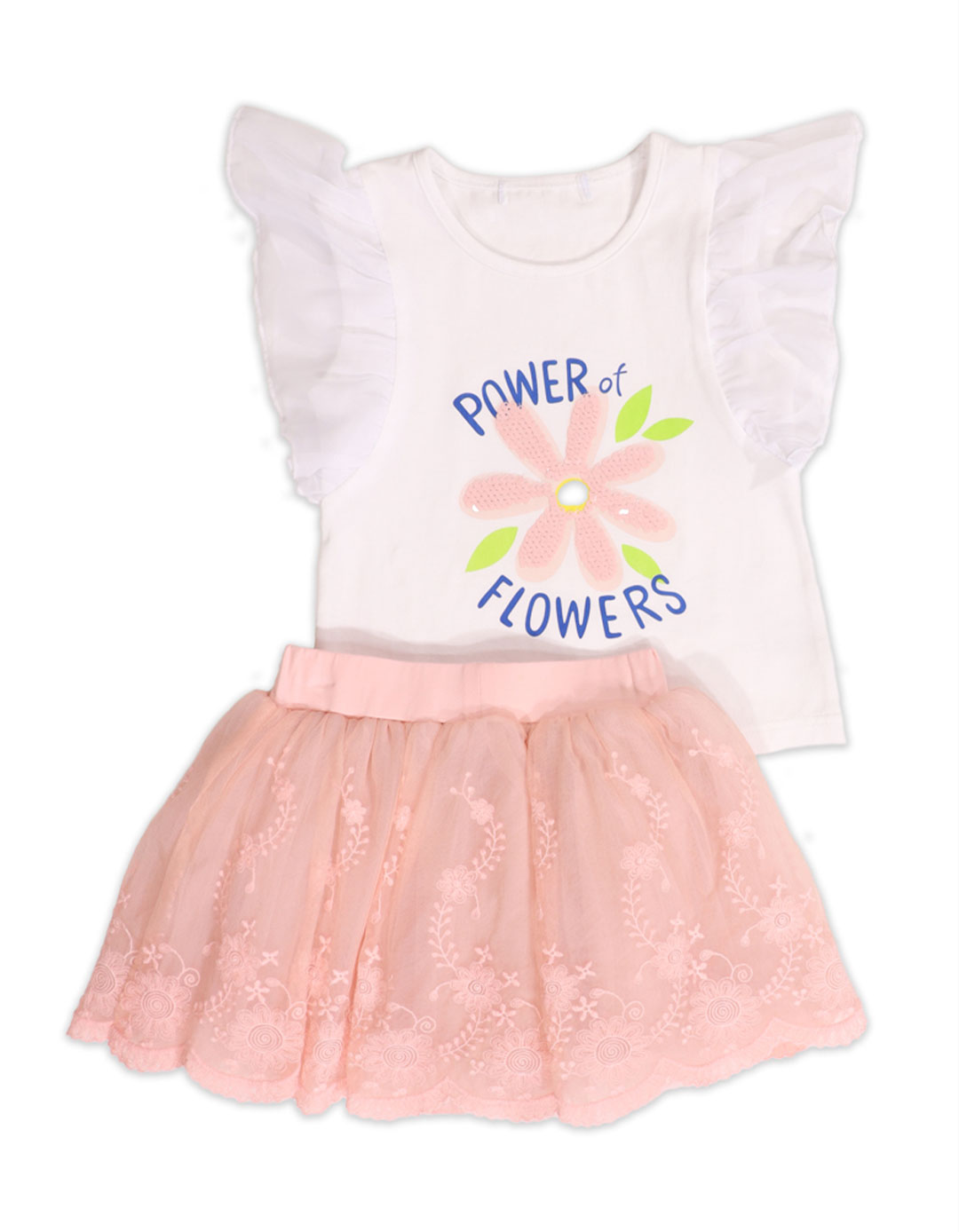 Παιδικό σετ για κορίτσι μπλούζα και φούστα, λευκό-ροζ, Regular Fit, 95% βαμβάκι, 5% SP, 100% πολυεστέρας.