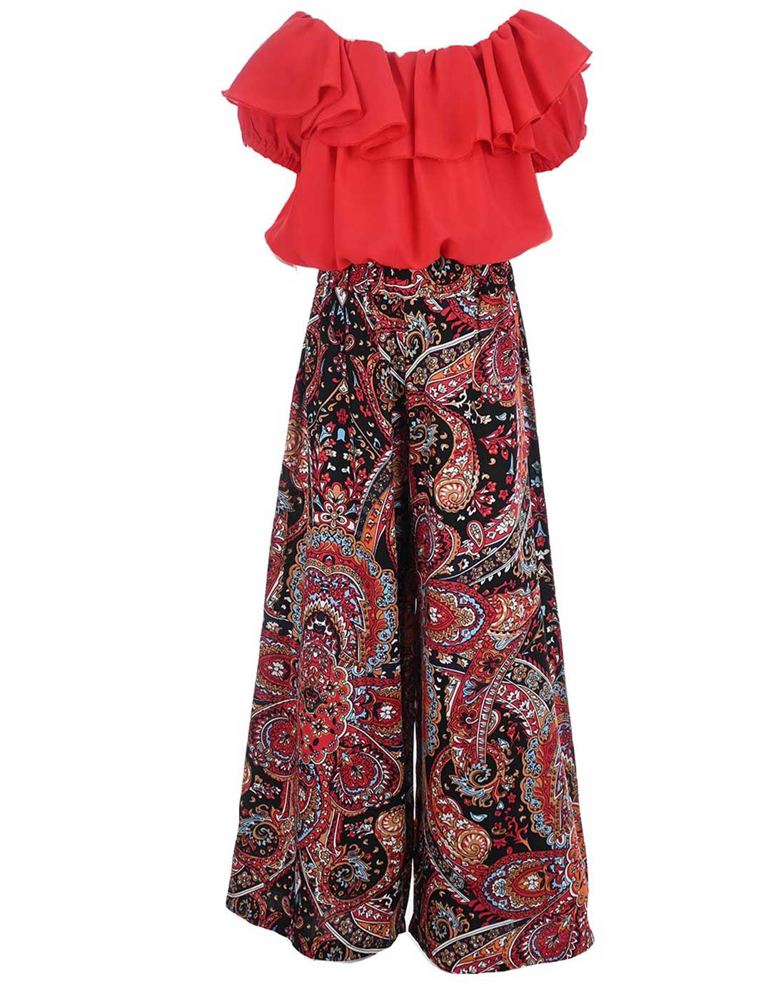 Παιδικό σετ για κορίτσι μπλούζα και παντελόνα, κόκκινο-εμπριμέ.