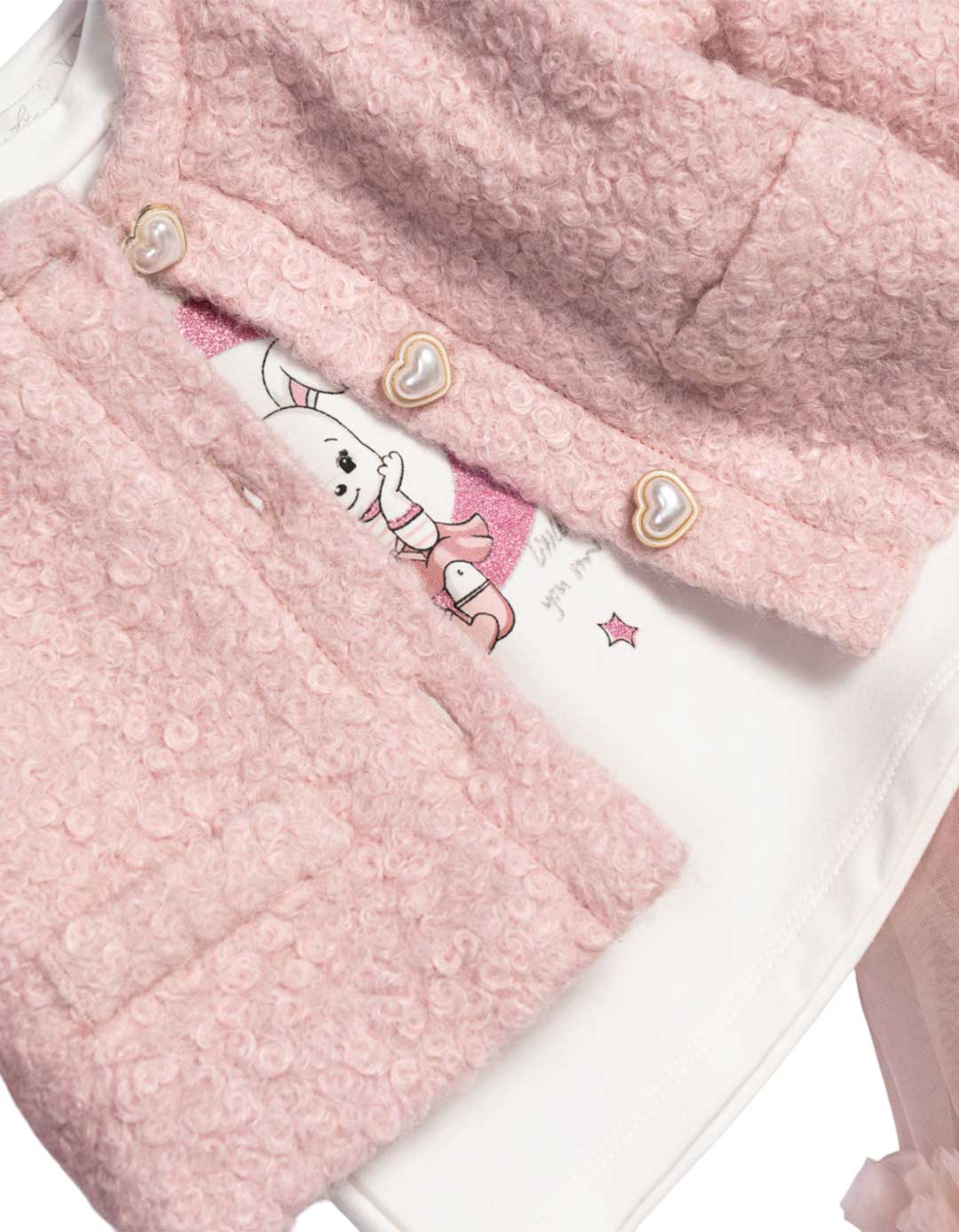 Σετ κοριτσιού ροζ με τούλινη φούστα, μπλούζα με λαγουδάκι και ζακέτα Funky Kids