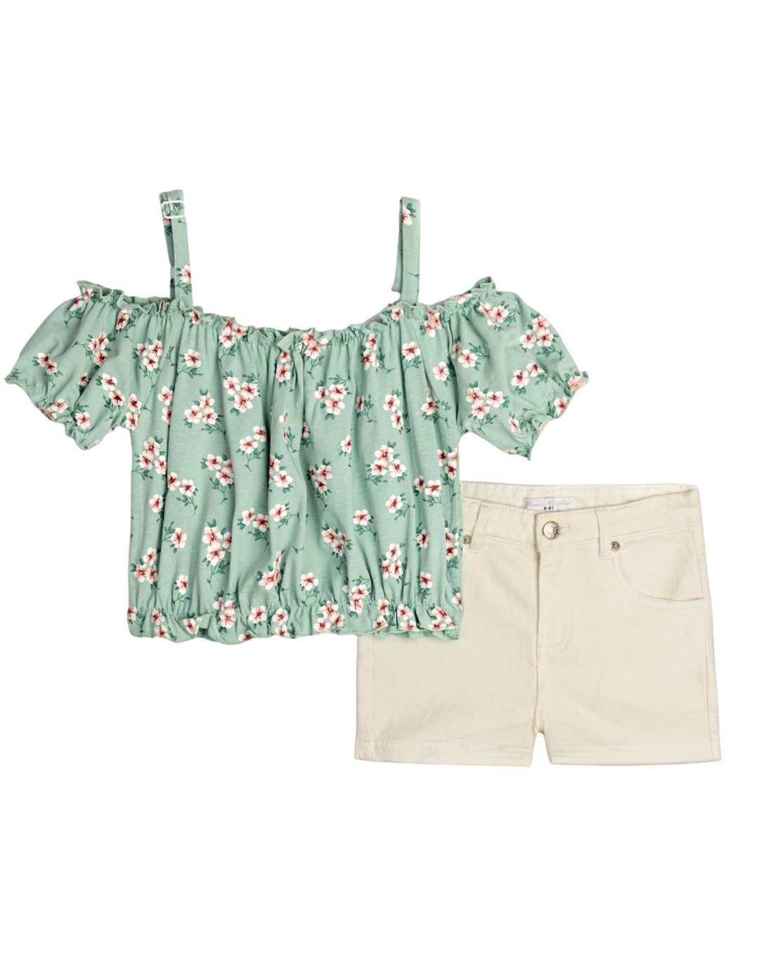 Παιδικό σετ κορίτσι με λουλουδάτη μπλούζα και λευκό σορτς,μέντα-λευκό,95%cotton,5%elas.Regular Fit.