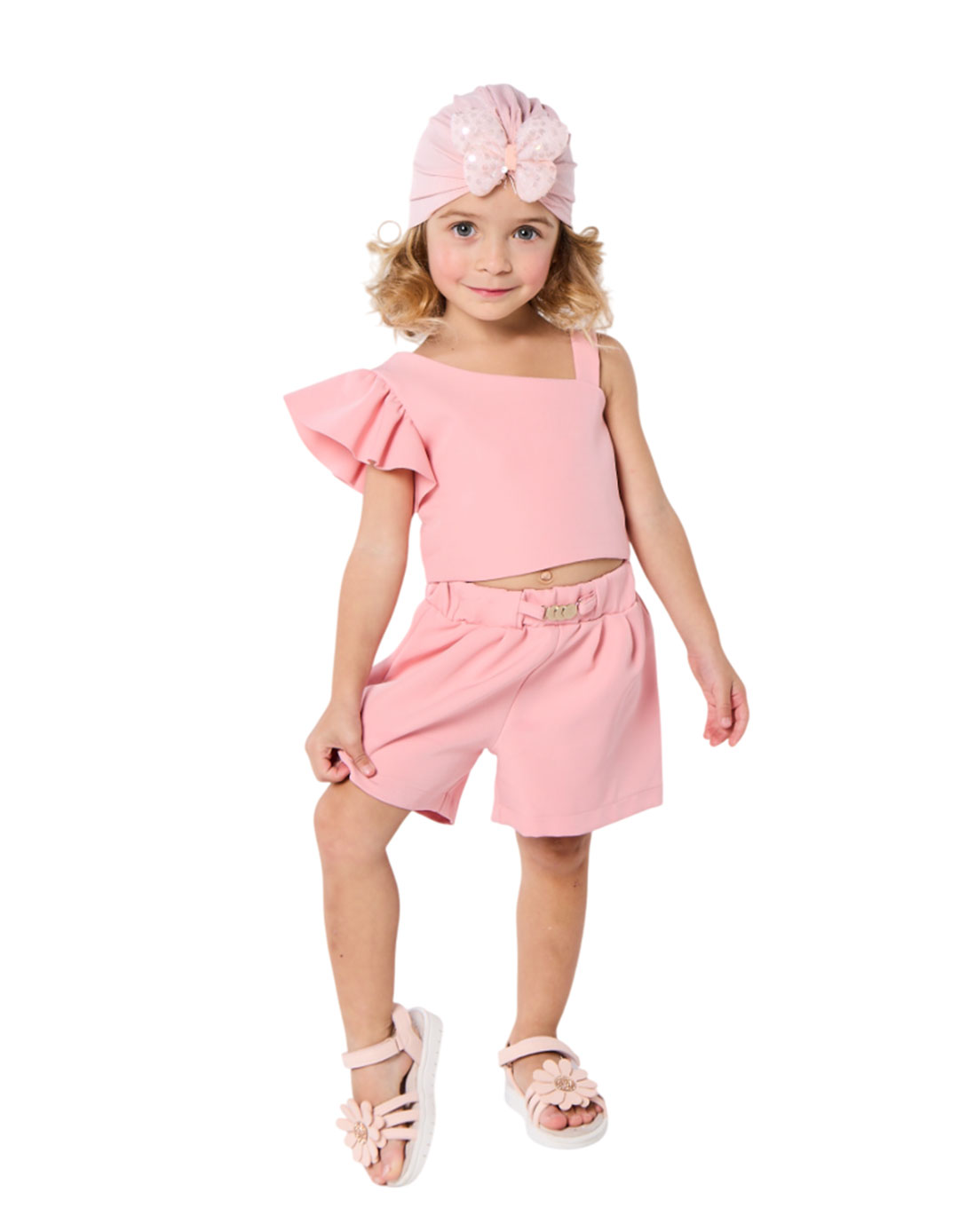 Σετ κοριτσιού με σορτς και ασύμμετρη μπλούζα με βολάν – Ροζ.Regular Fit. Σετ κοριτσιού με σορτς και ασύμμετρη μπλούζα με βολάν – Ροζ.Regular Fit.