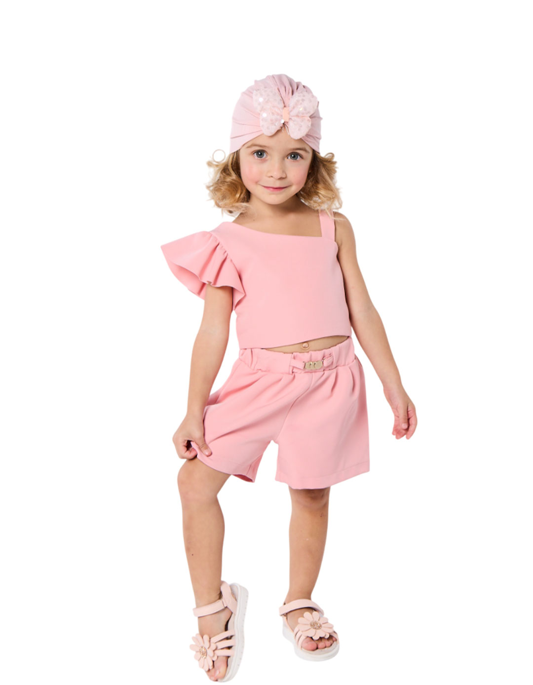 Σετ κοριτσιού με σορτς και ασύμμετρη μπλούζα με βολάν – Ροζ.Regular Fit. Σετ κοριτσιού με σορτς και ασύμμετρη μπλούζα με βολάν – Ροζ.Regular Fit.