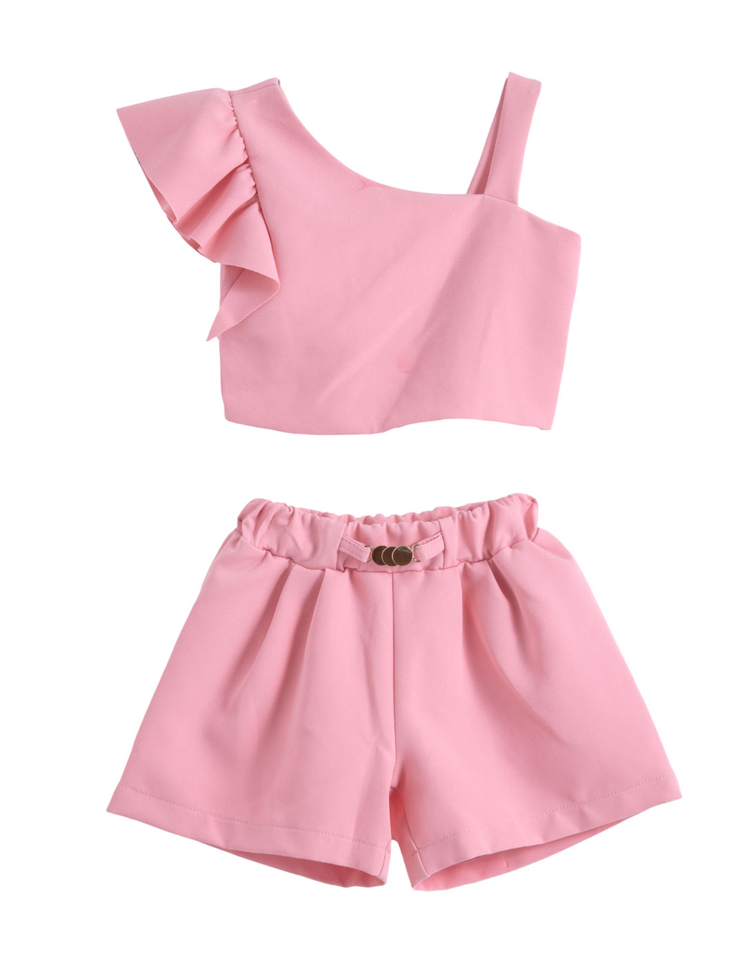 Σετ κοριτσιού με σορτς και ασύμμετρη μπλούζα με βολάν – Ροζ.Regular Fit. Σετ κοριτσιού με σορτς και ασύμμετρη μπλούζα με βολάν – Ροζ.Regular Fit.