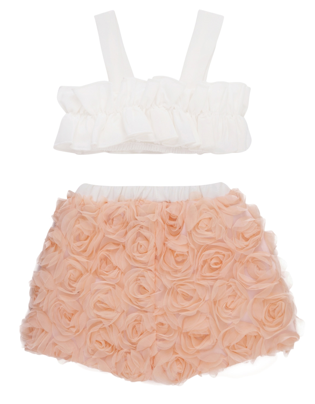Βρεφικό σετ με λευκό τοπ και σορτσάκι με 3D τριαντάφυλλα σε ροδακινί - Chief. 89%Pes 11%Sp / 100%Pes .Regular Fit.