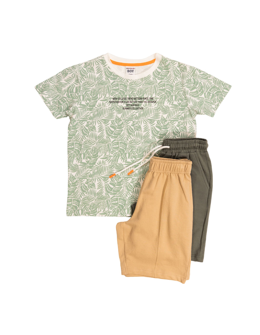 Παιδικό σετ 3τμχ για αγόρι με μπλούζα και βερμούδα, λευκό-μπεζ-χακί, Regular Fit, 100% βαμβάκι. Παιδικό σετ 3τμχ για αγόρι με μπλούζα και βερμούδα, λευκό-μπεζ-χακί, Regular Fit, 100% βαμβάκι.