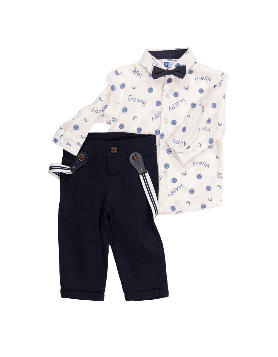 Βρεφικό σετ για αγόρι, πουκάμισο και παντελόνι, λευκό- μπλε, Regular Fit, 100% βαμβάκι.