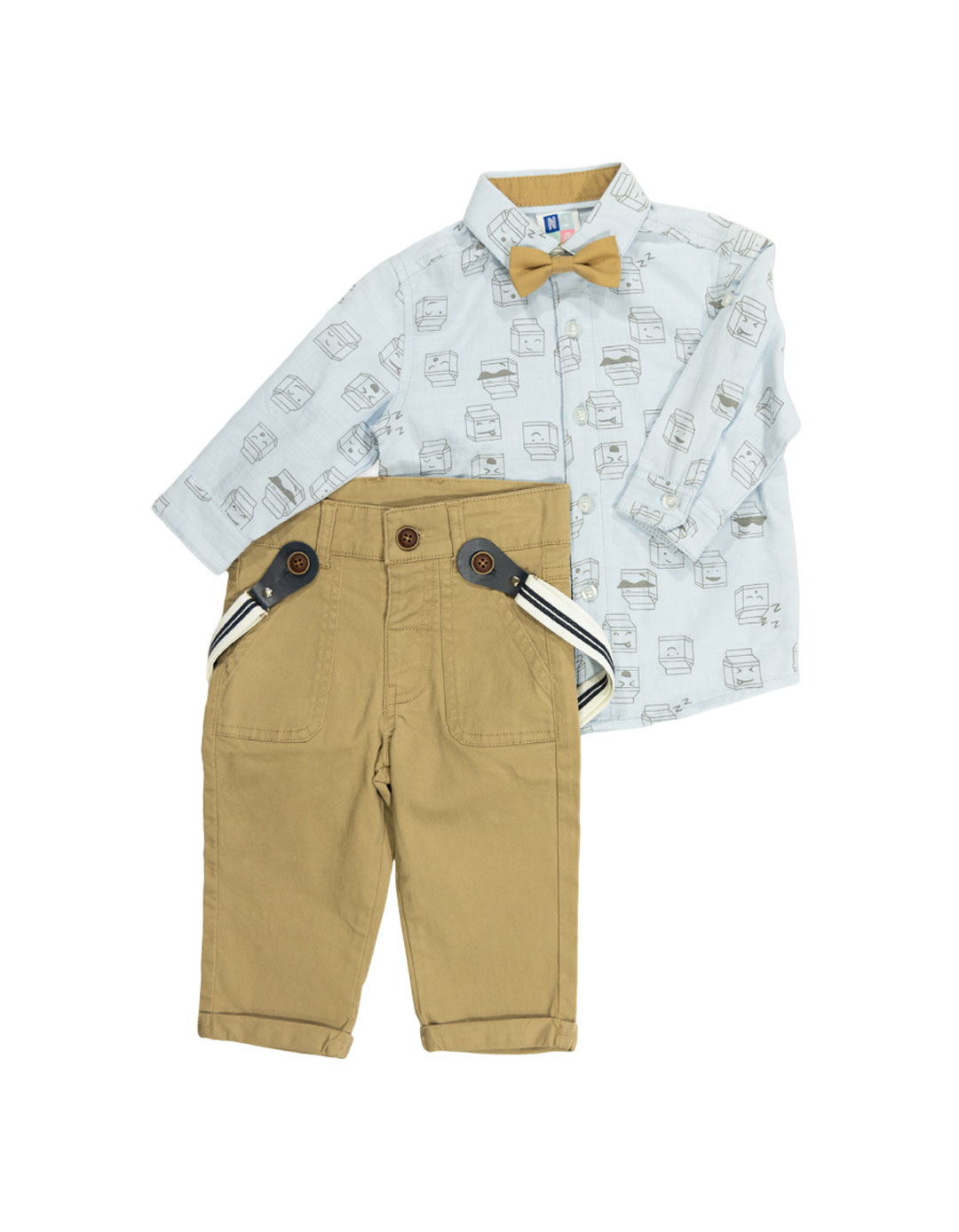 Βρεφικό σετ για αγόρι με πουκάμισο και παντελόνι, σιέλ-μπεζ, Regular Fit, 100% βαμβάκι.