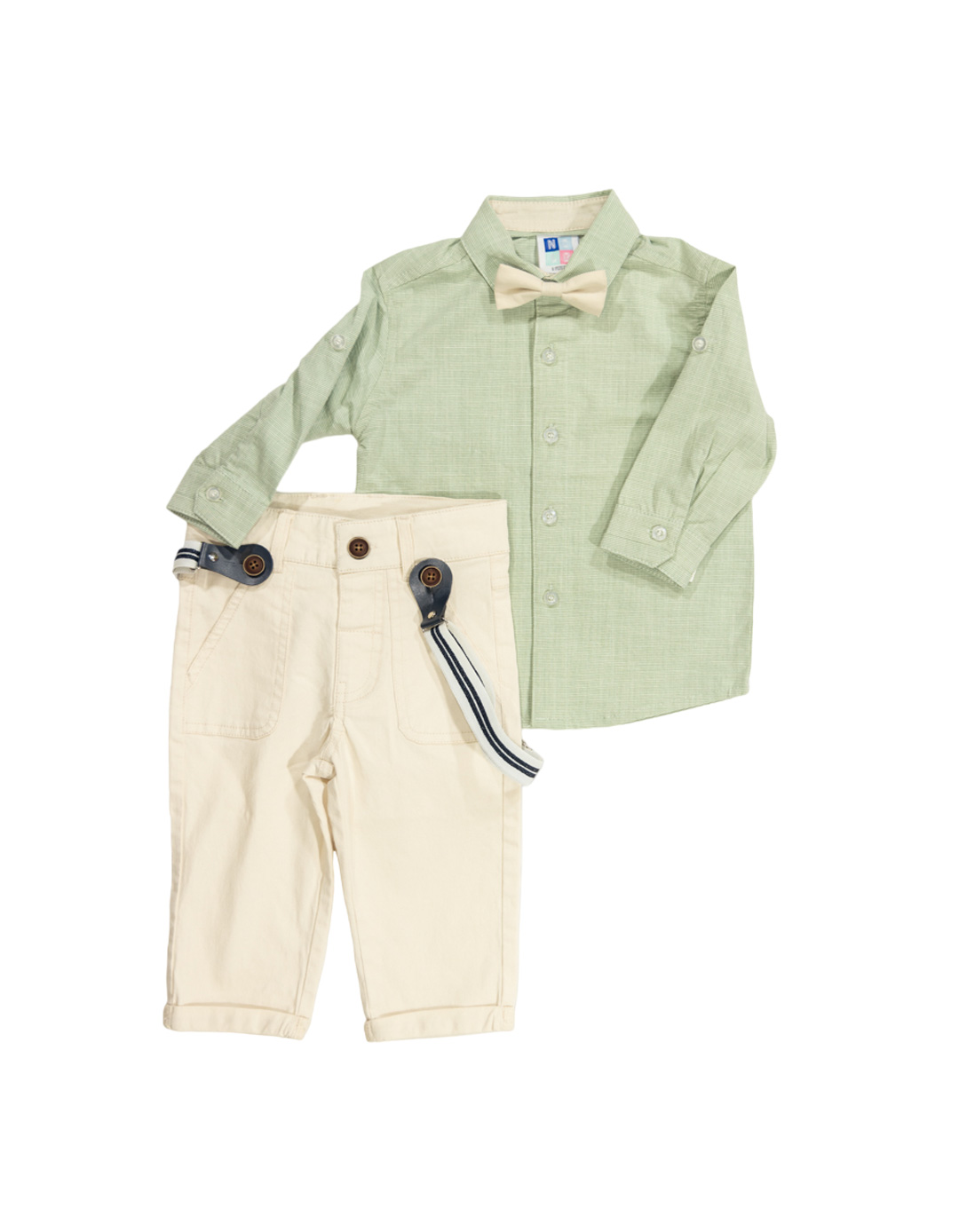 Βρεφικό σετ για αγόρι με πουκάμισο και παντελόνι, βεραμάν-εκρο΄ύ, Regular Fit, 100% βαμβάκι.