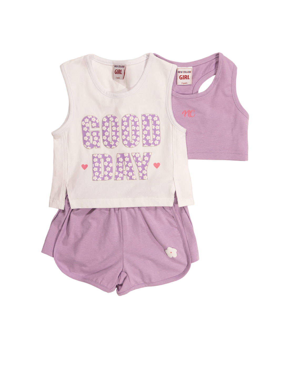 Παιδικό σετ 3τμχ για κορίτσι με 2 μπλουζάκια και σορτσάκι, λευκό-λιλά, Regular Fit, 80% βαμβάκι, 20% πολυεστέρας- 95% βαμβάκι,5% ελαστίνη,