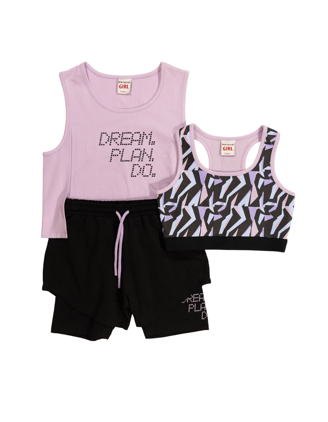 Παιδικό σετ 3τμχ για κορίτσι με 2 μπλουζάκια και σορτάκι, λιλά-μαύρο, Regular Fit, 100% βαμβάκι-95% βαμβάκι, 5% ελαστίνη.