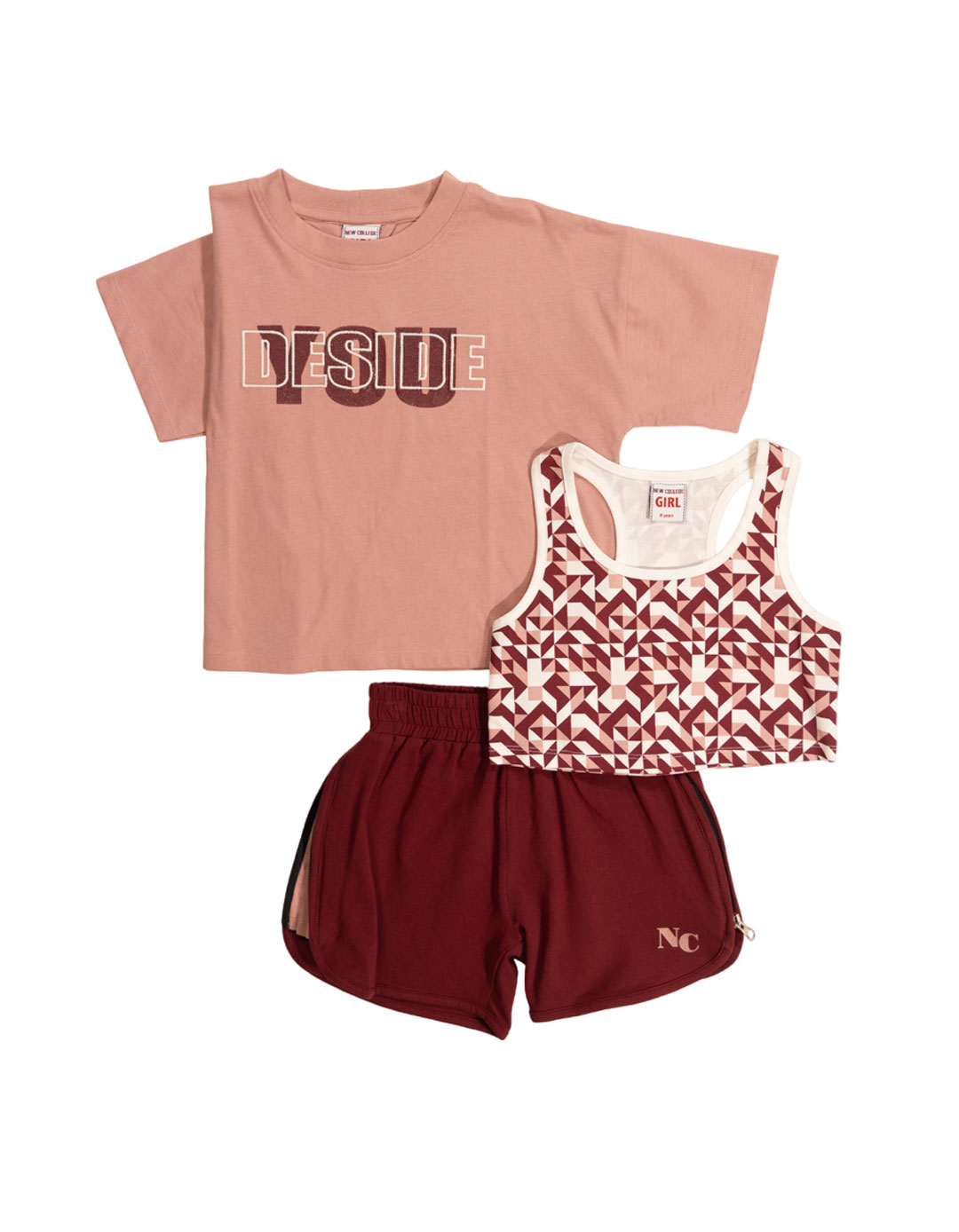 Παιδικό σετ 3 τμχ για κορίτσι με 2 μπλουζάκια και σορτσάκι, σάπιο μήλο-μπορντό, Regular Fit, 100% βαμβάκι- 95% βαμβάκι, 5% ελαστίνη.