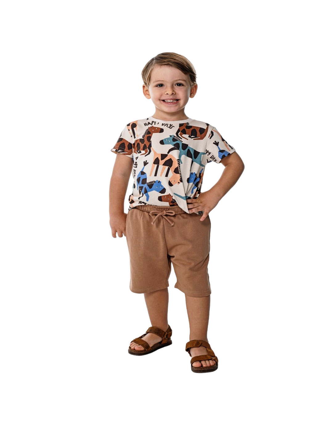 Παιδικό σετ για αγόρι με μπλούζα και βερμούδα, εκρού-καφέ, Regular Fit, 100% βαμβάκι. Παιδικό σετ για αγόρι με μπλούζα και βερμούδα, εκρού-καφέ, Regular Fit, 100% βαμβάκι.