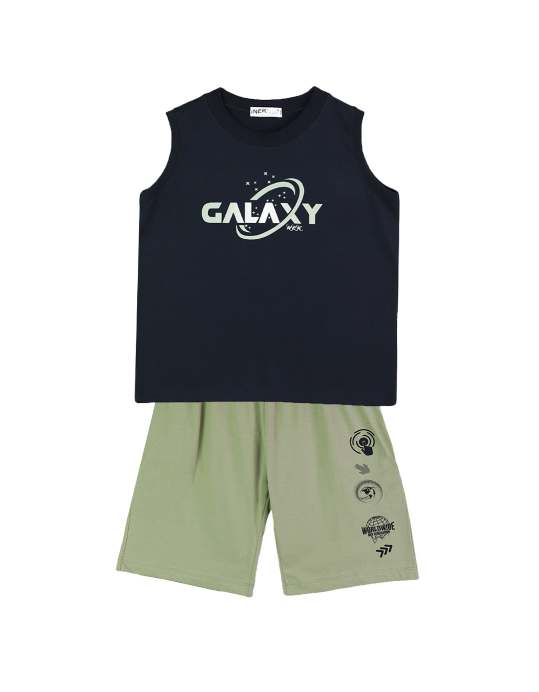 Παιδικό αμάνικο σετ για αγόρι με μπλούζα και βερμούδα, μαρέν-χακί, Regular Fit, 100% βαμβάκι. Παιδικό αμάνικο σετ για αγόρι με μπλούζα και βερμούδα, μαρέν-χακί, Regular Fit, 100% βαμβάκι.