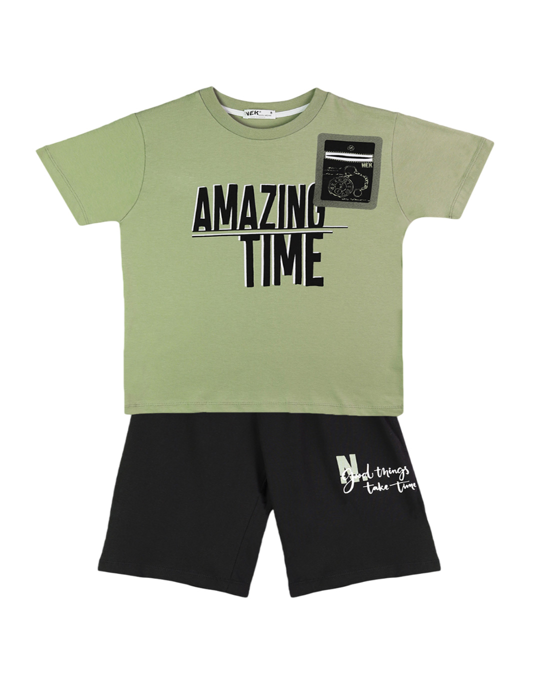 Παιδικό σετ για αγόρι με μπλούζα και βερμούδα, χακί-μαύρο, Regular Fit, 100% βαμβάκι. Παιδικό σετ για αγόρι με μπλούζα και βερμούδα, χακί-μαύρο, Regular Fit, 100% βαμβάκι.