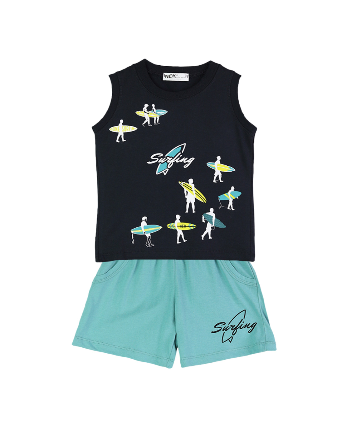 Παιδικό αμάνικο σετ για αγόρι με μπλούζα και βερμούδα, μαρέν-πετρόλ, Regular Fit, 100% βαμβάκι. Παιδικό αμάνικο σετ για αγόρι με μπλούζα και βερμούδα, μαρέν-πετρόλ, Regular Fit, 100% βαμβάκι.