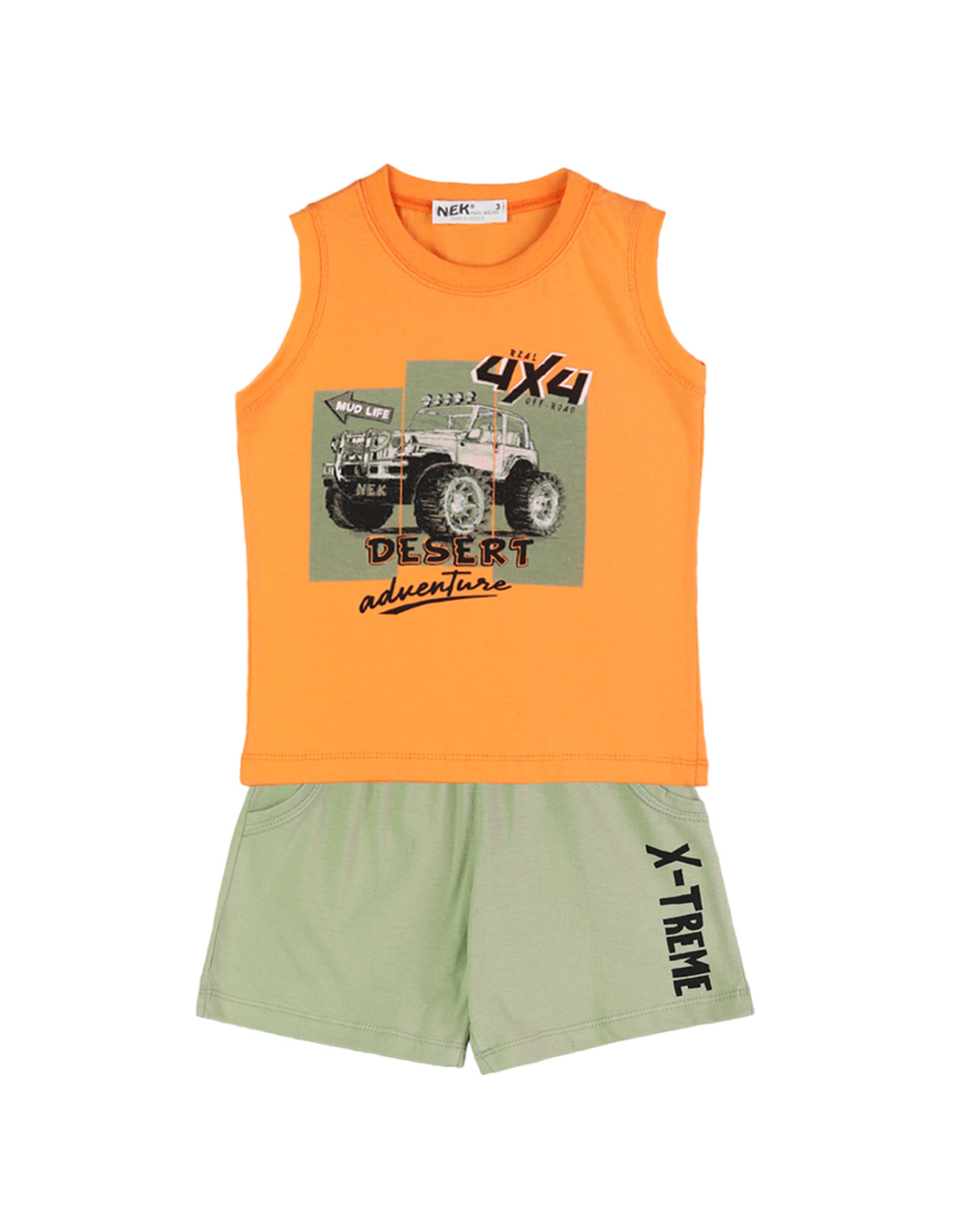 Παιδικό αμάνικο σετ για αγόρι με μπλούζα και βερμούδα, πορτοκαλί-χακί, Regular Fit, 100% βαμβάκι.