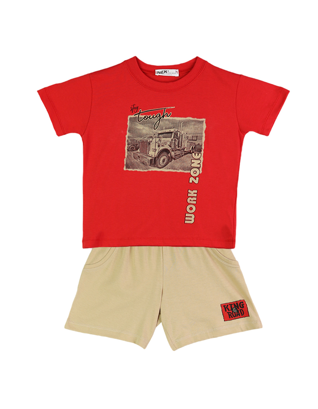 Παιδικό σετ για αγόρι με μπλούζα και βερμούδα, κόκκινο-μπεζ, Regular Fit, 100% βαμβάκι. Παιδικό σετ για αγόρι με μπλούζα και βερμούδα, κόκκινο-μπεζ, Regular Fit, 100% βαμβάκι.