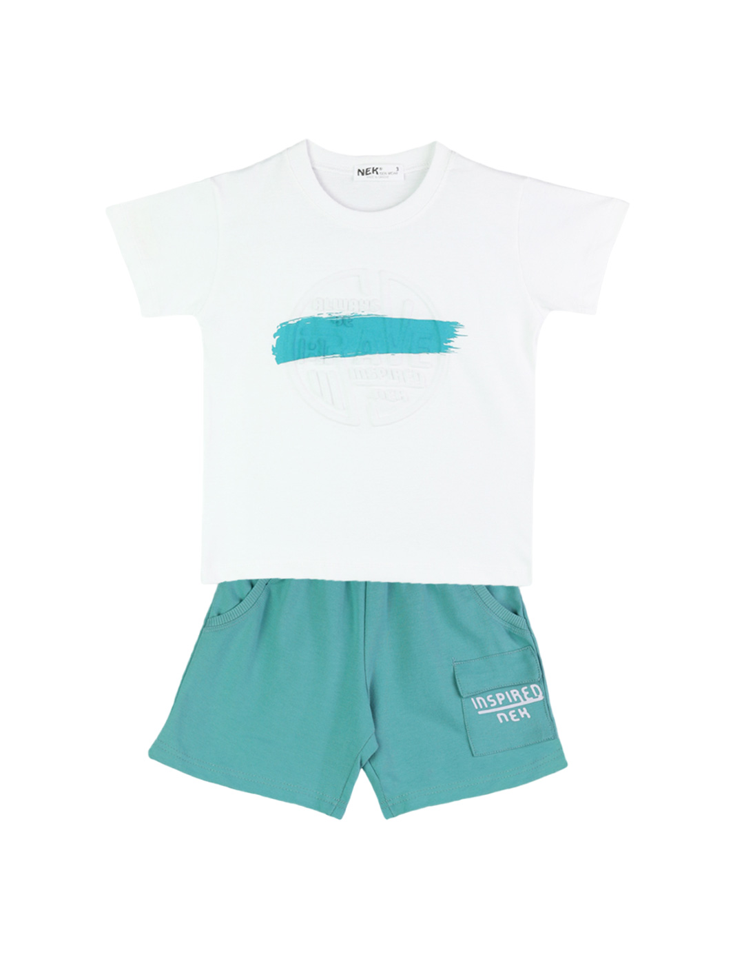 Παιδικό σετ για αγόρι με μπλούζα και βερμούδα, λευκό-πετρόλ, Regular Fit, 100% βαμβάκι. Παιδικό σετ για αγόρι με μπλούζα και βερμούδα, λευκό-πετρόλ, Regular Fit, 100% βαμβάκι.