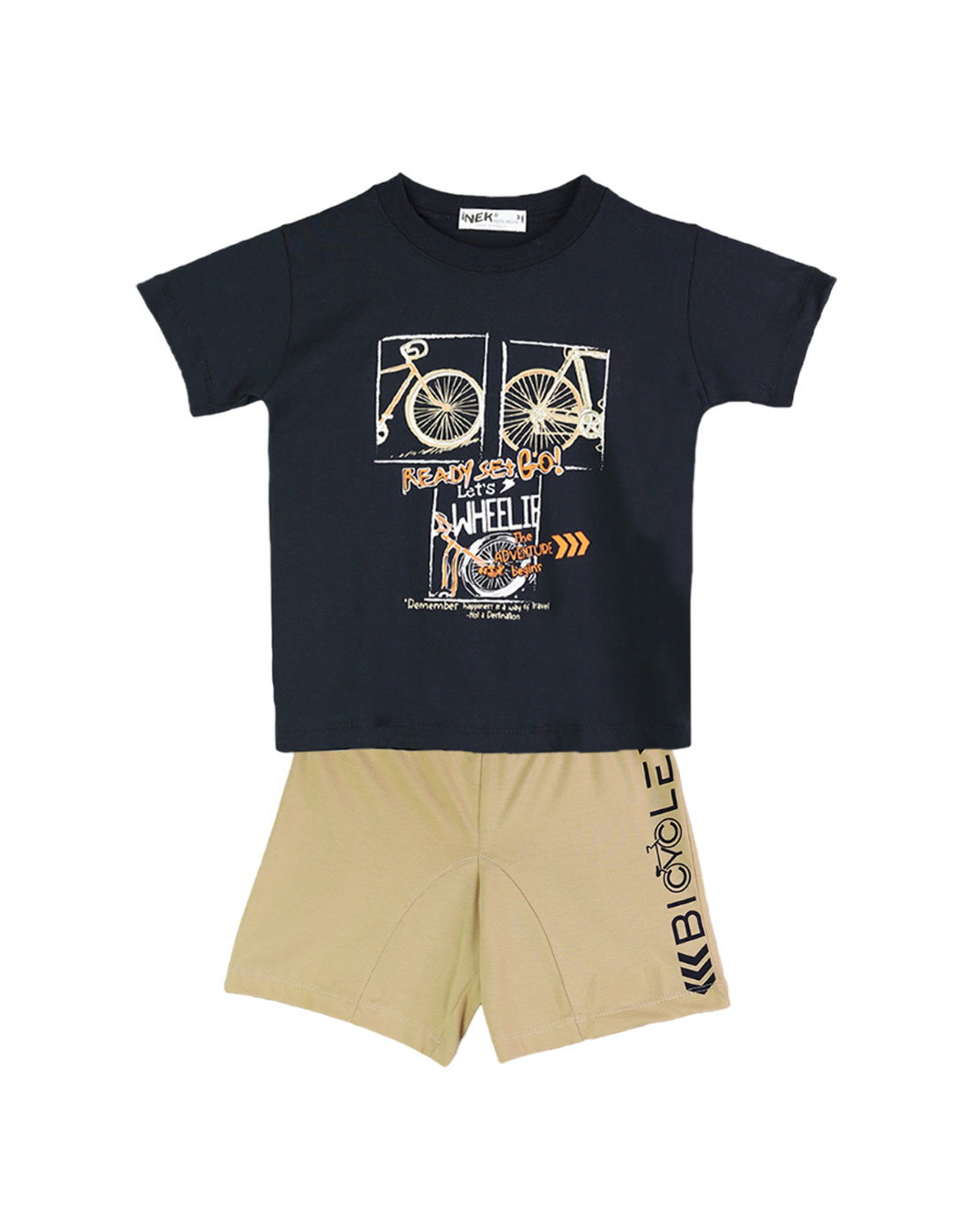 Παιδικό σετ για αγόρι με μπλούζα και βερμούδα, μαρέν-μπέζ, Regular Fit, 100% βαμβάκι. Παιδικό σετ για αγόρι με μπλούζα και βερμούδα, μαρέν-μπέζ, Regular Fit, 100% βαμβάκι.