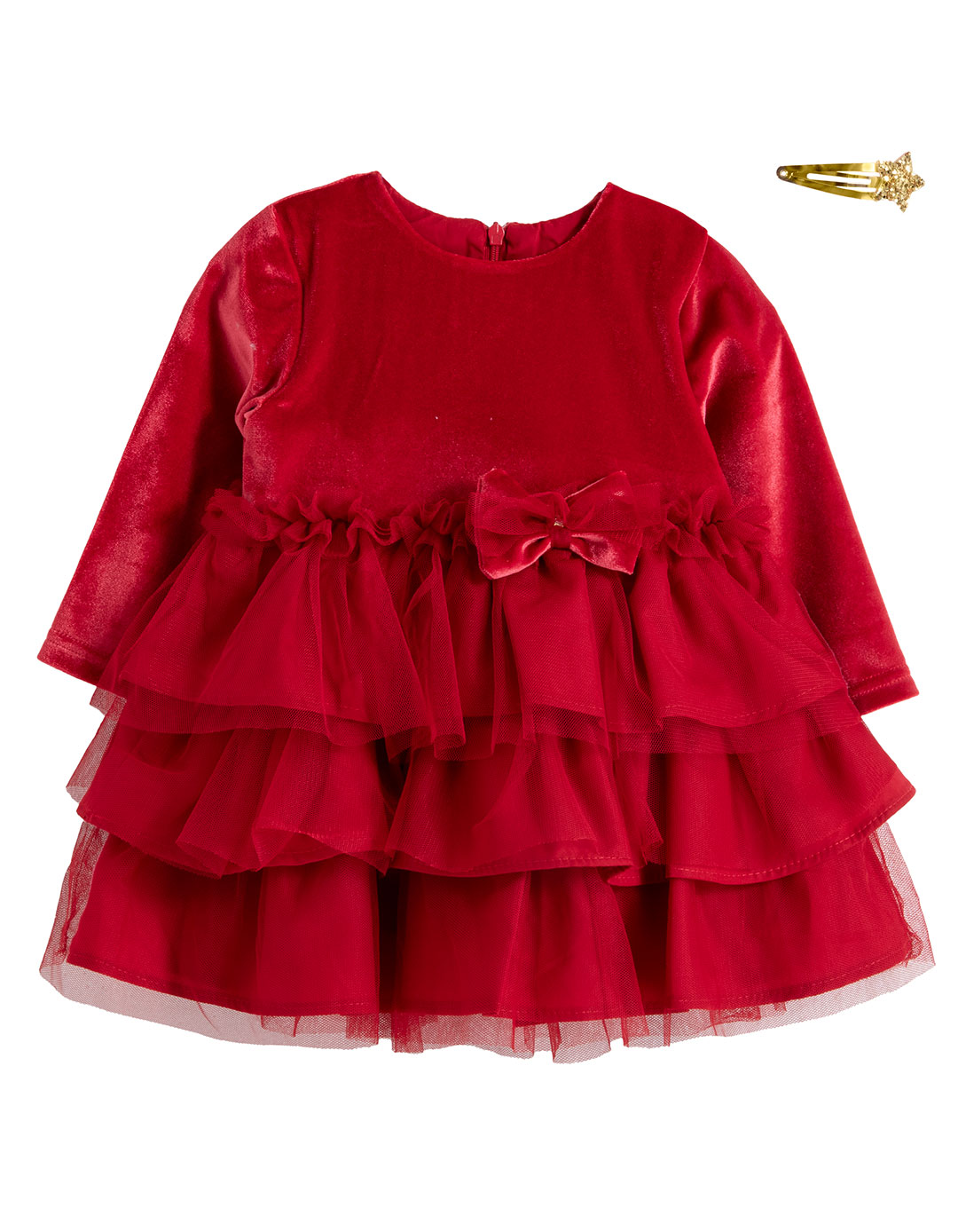 Βρεφικό βελούδινο φόρεμα Babylonfashion κόκκινο με φιόγκο και αξεσουάρ 6–24 μηνών.Regular Fit.