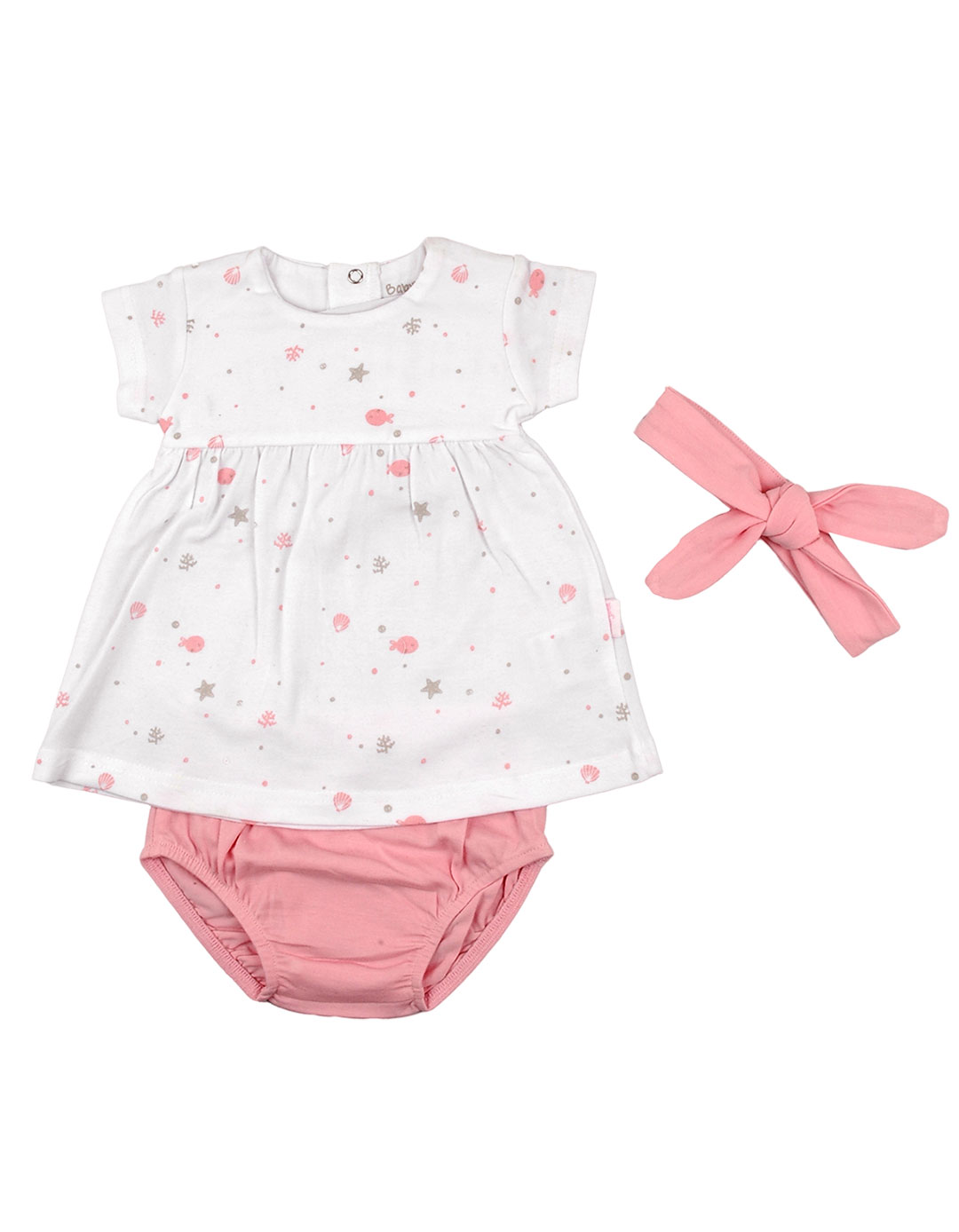 Βρεφικό φόρεμα για κορίτσι με βρακάκι και κορδέλα, λευκό-ροζ, Regular Fit, 95% βαμβάκι, 5% ελαστάνη.