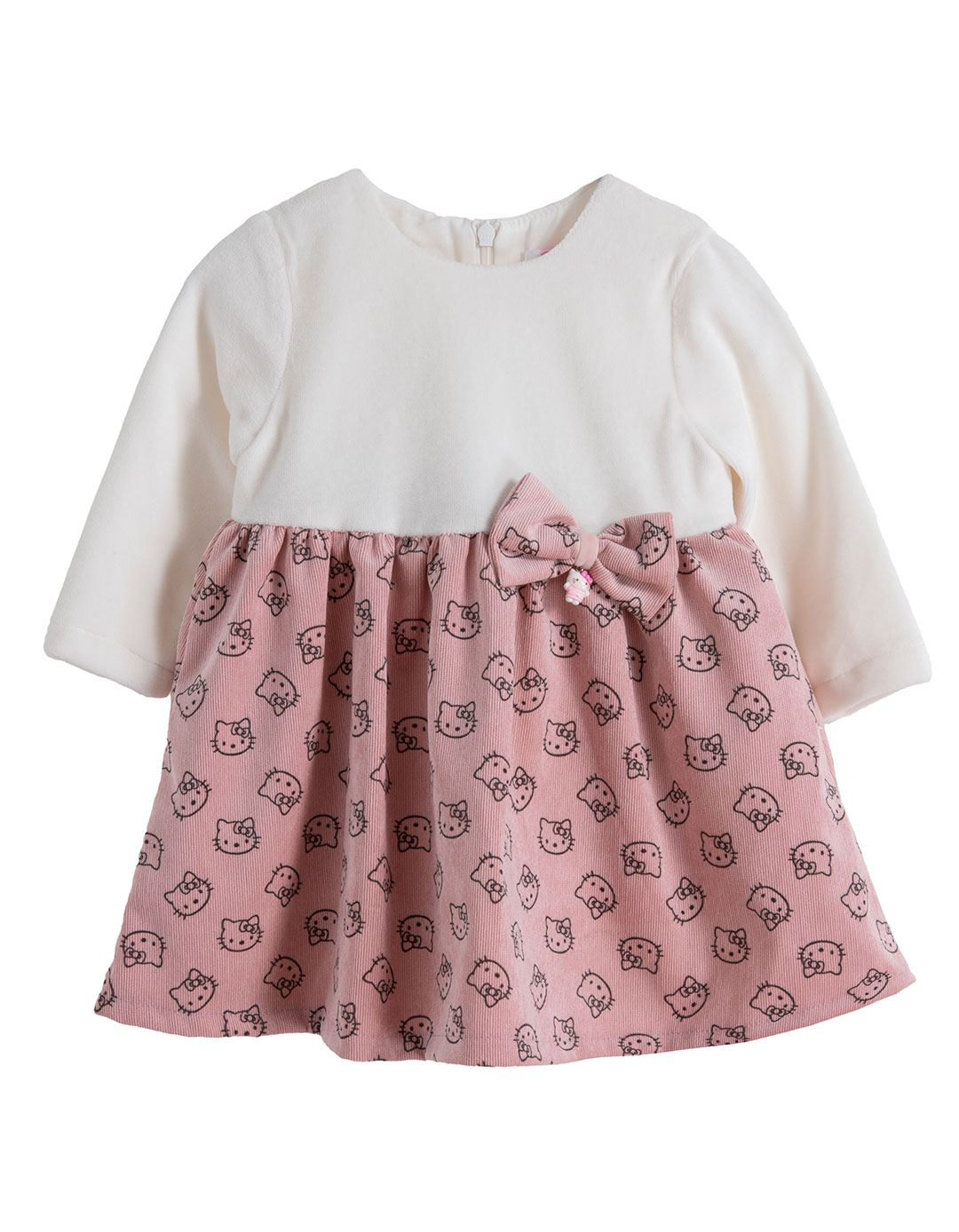 Βρεφικό φόρεμα Babylonfashion ροζ-εκρού με φιόγκο και σχέδιο γατούλες 6–24 μηνών.Regular Fit.