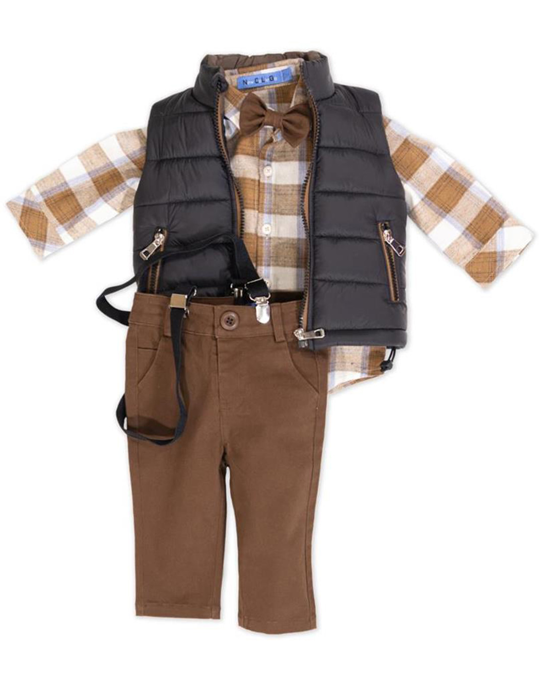 Βρεφικό σετ για αγόρι με αμάνικο μπουφάν και παπιγιόν, καφέ- μαύρο, Regular Fit, 100% νάιλον- 50% βαμβάκι, 50% πολυεστέρας.