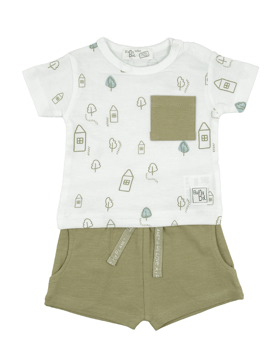 Βρεφικό σετ για αγόρι μπλούζα λευκή και βερμούδα χακί, Regular Fit, 95% βαμβάκι, 5% ελαστάνη.