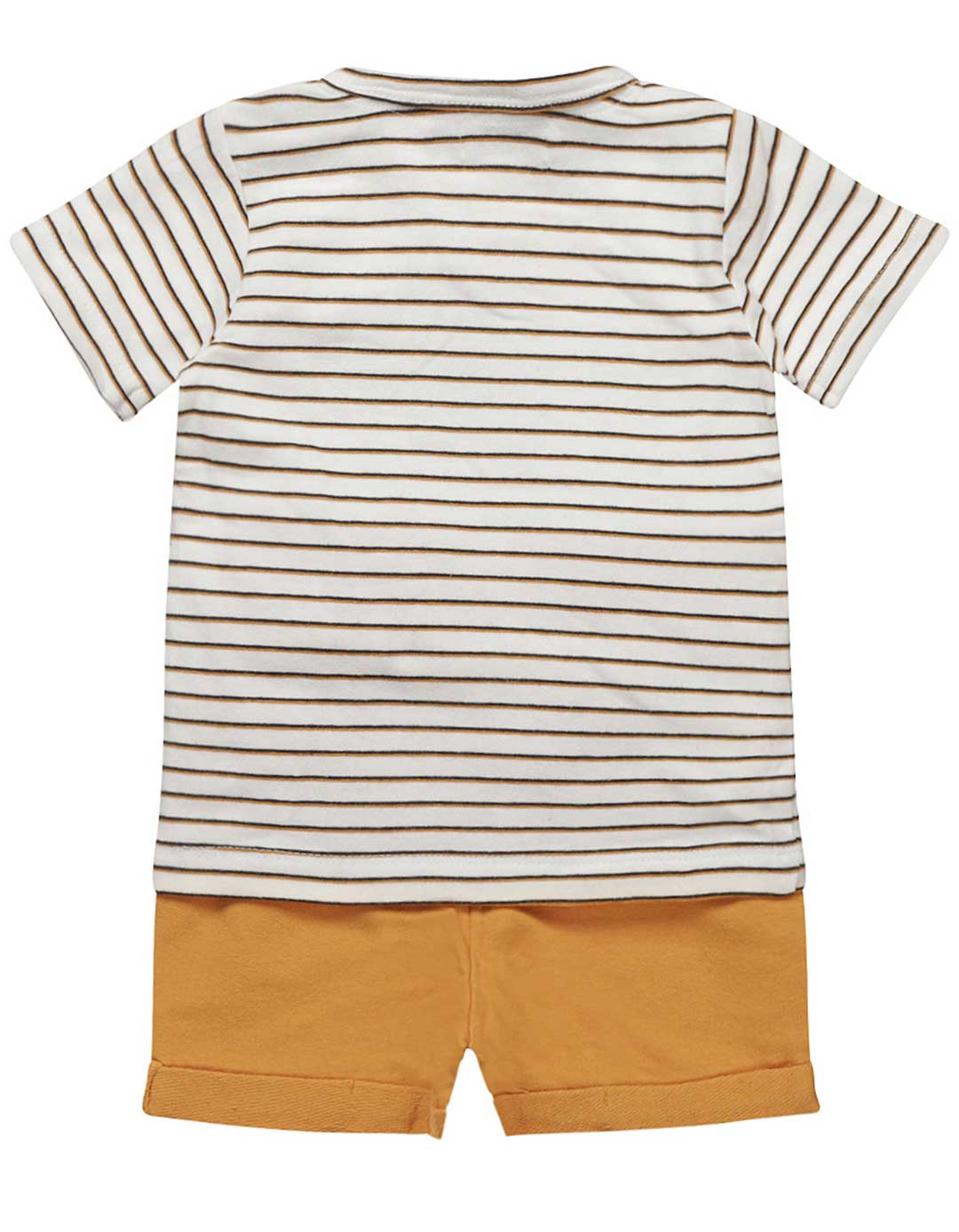 Βρεφικό σετ Dirkje αγορίστικο, μπλουζάκι λευκό ριγέ, σορτς καμηλό, 95% βαμβάκι/ 5% ελαστάνη. Regular Fit.