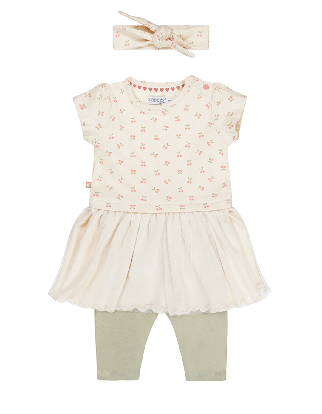Βρεφικό σετ φόρεμα για κορίτσια Dirkje με κορδέλα σε εκρού χρώμα, Regular Fit, 95% βαμβάκι, 5% ελαστάνη.